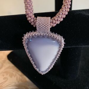 Vintage Lavender White & Seed Beads Natural Stone Purple Agate Necklace 22” 